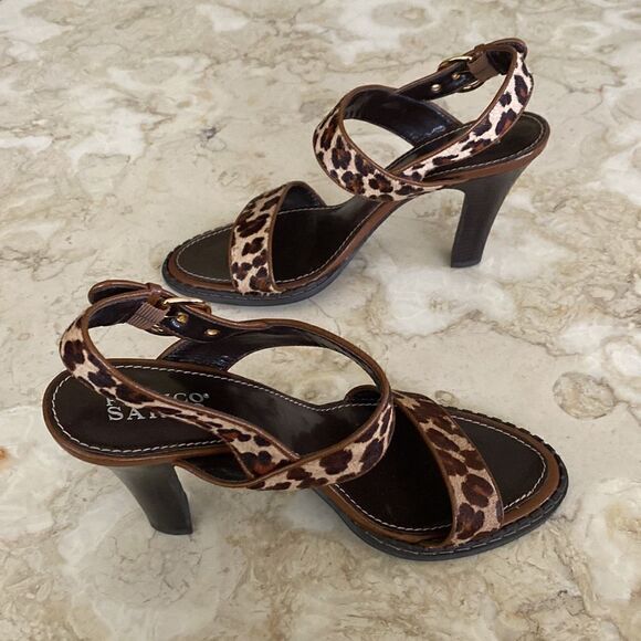 Franco Sarto Cheetah Leopard Print Pony Hair Strappy  Heeled Sandals - Picture 5 of 13